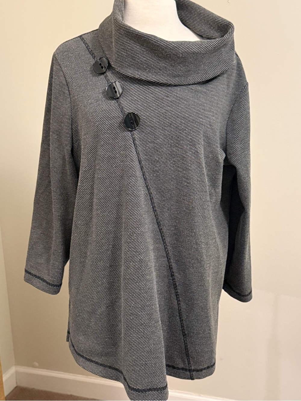 Ali Miles Charcoal Gray Asymmetrical Button Cowl Neck Sweater Lagenlook
